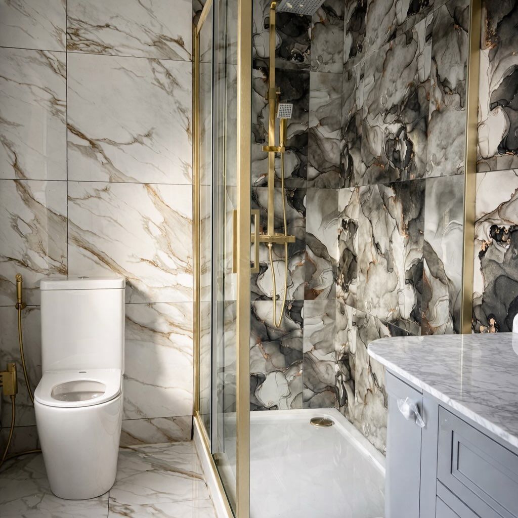 Marble-effect tiling with a gold shower enclosure